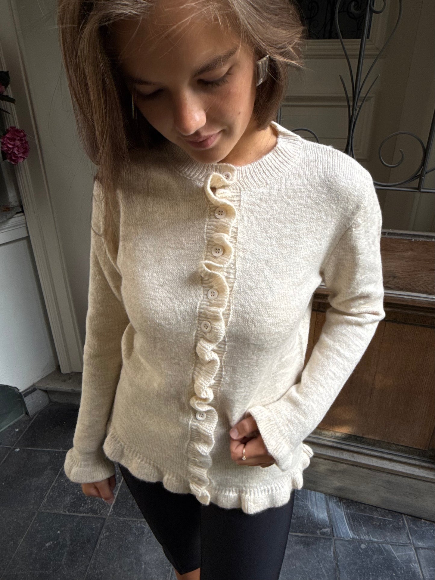 KNITTED FRILL CARDIGAN BEIGE
