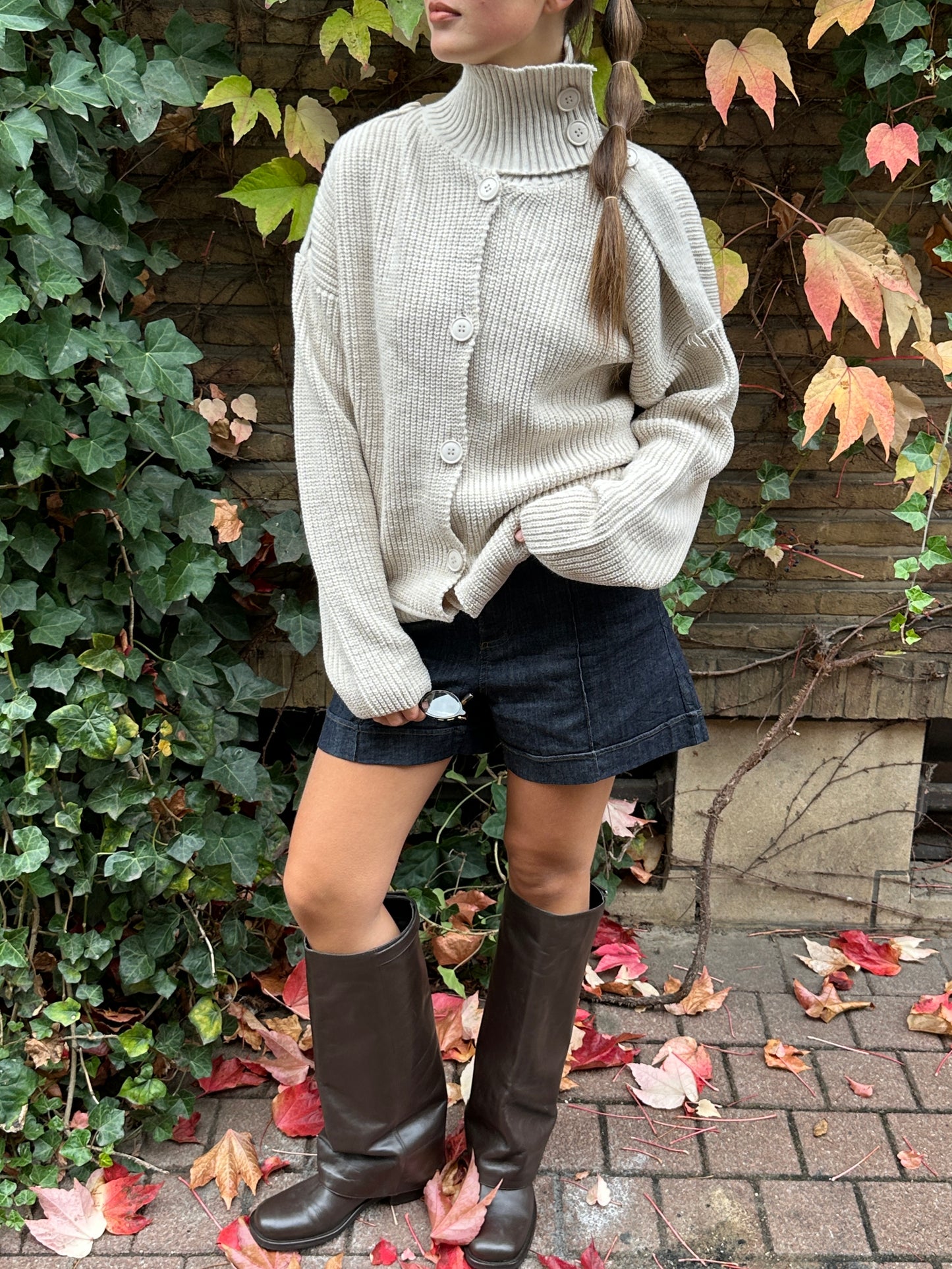 HIGH NECK KNIT CARDIGAN - SAND