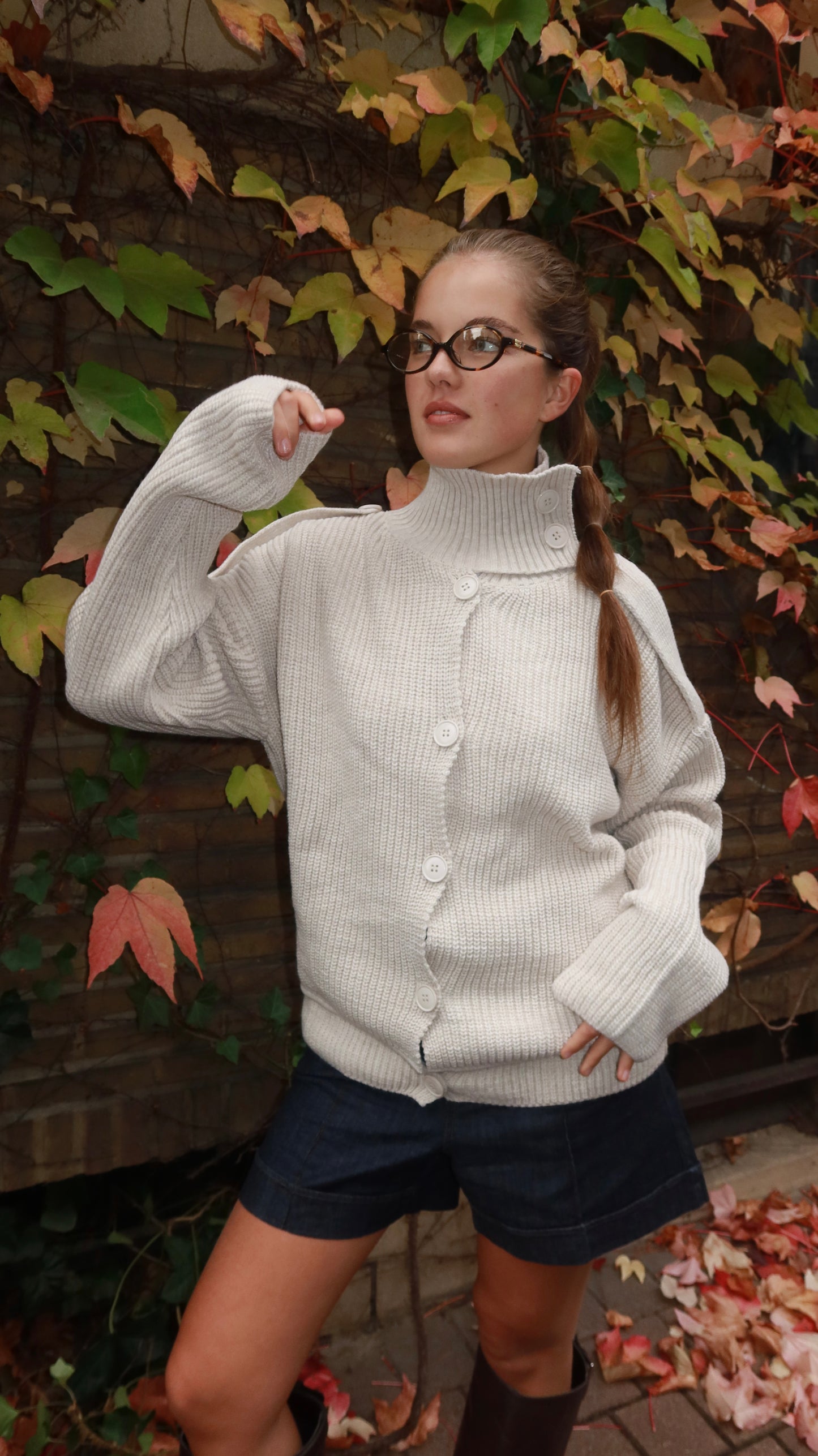 HIGH NECK KNIT CARDIGAN - SAND
