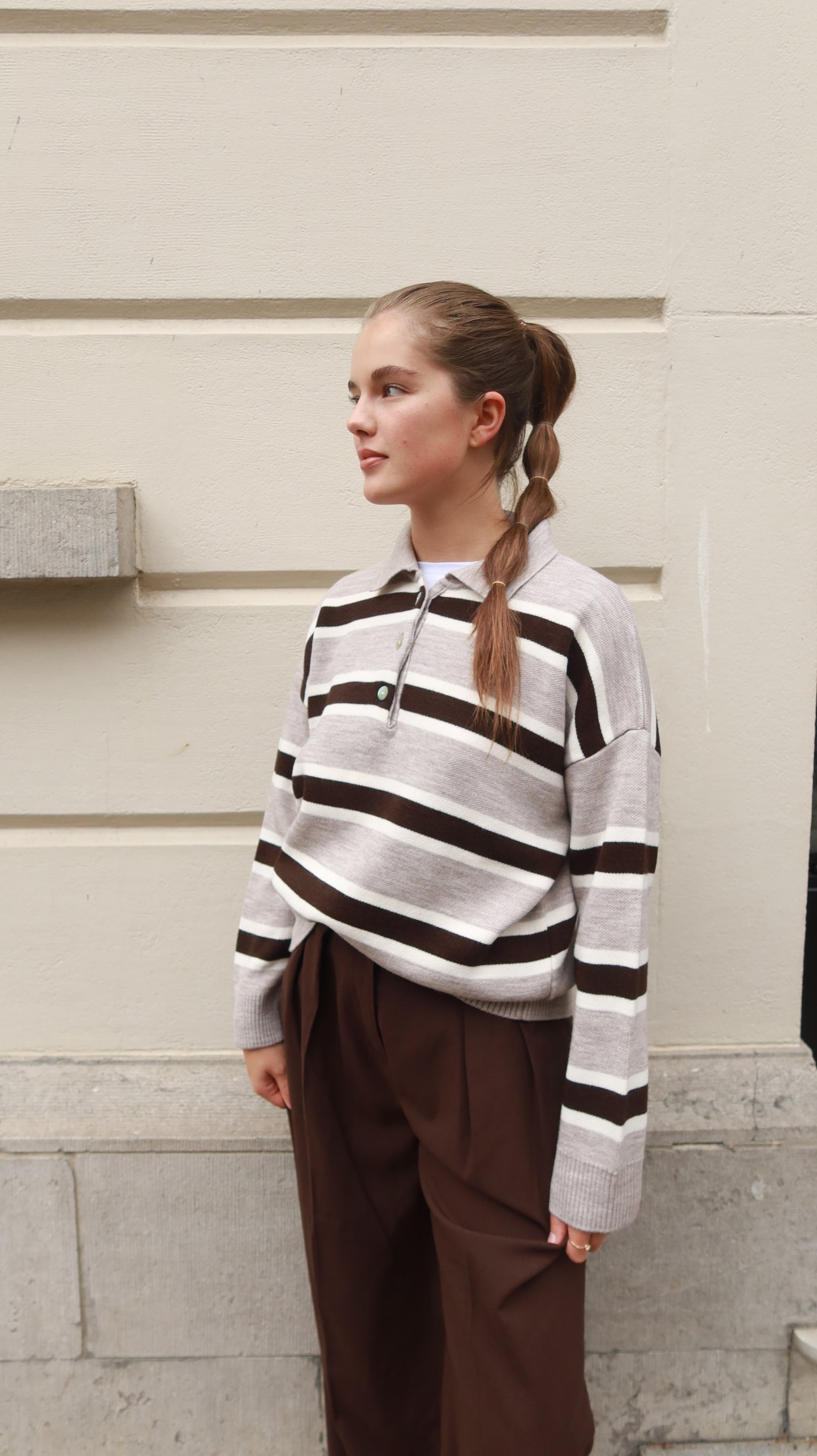 STRIPED POLO KNIT – BROWN GREY
