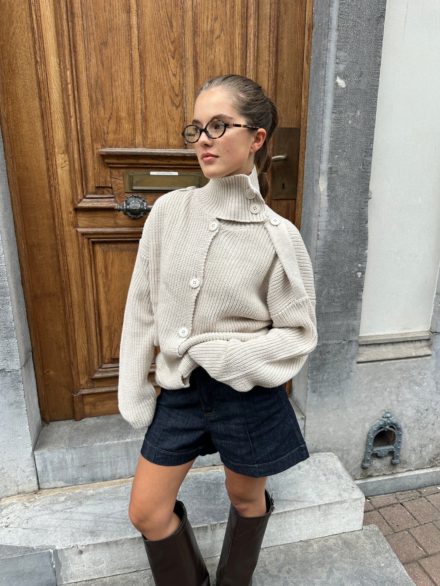 HIGH NECK KNIT CARDIGAN - SAND