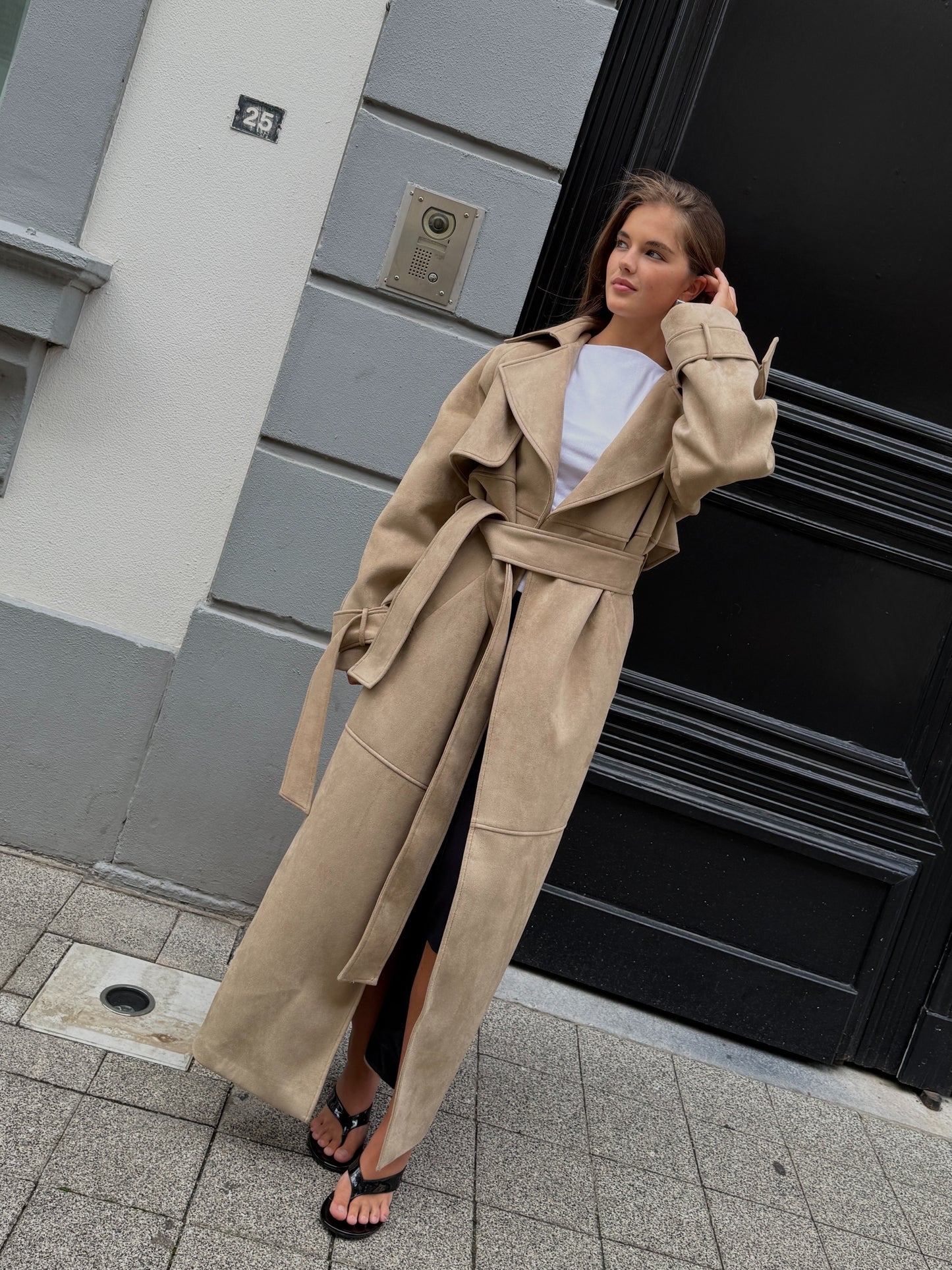 BEIGE SUEDE MAXI TRENCHCOAT