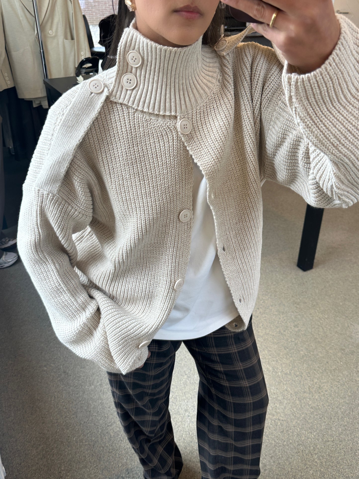HIGH NECK KNIT CARDIGAN - SAND