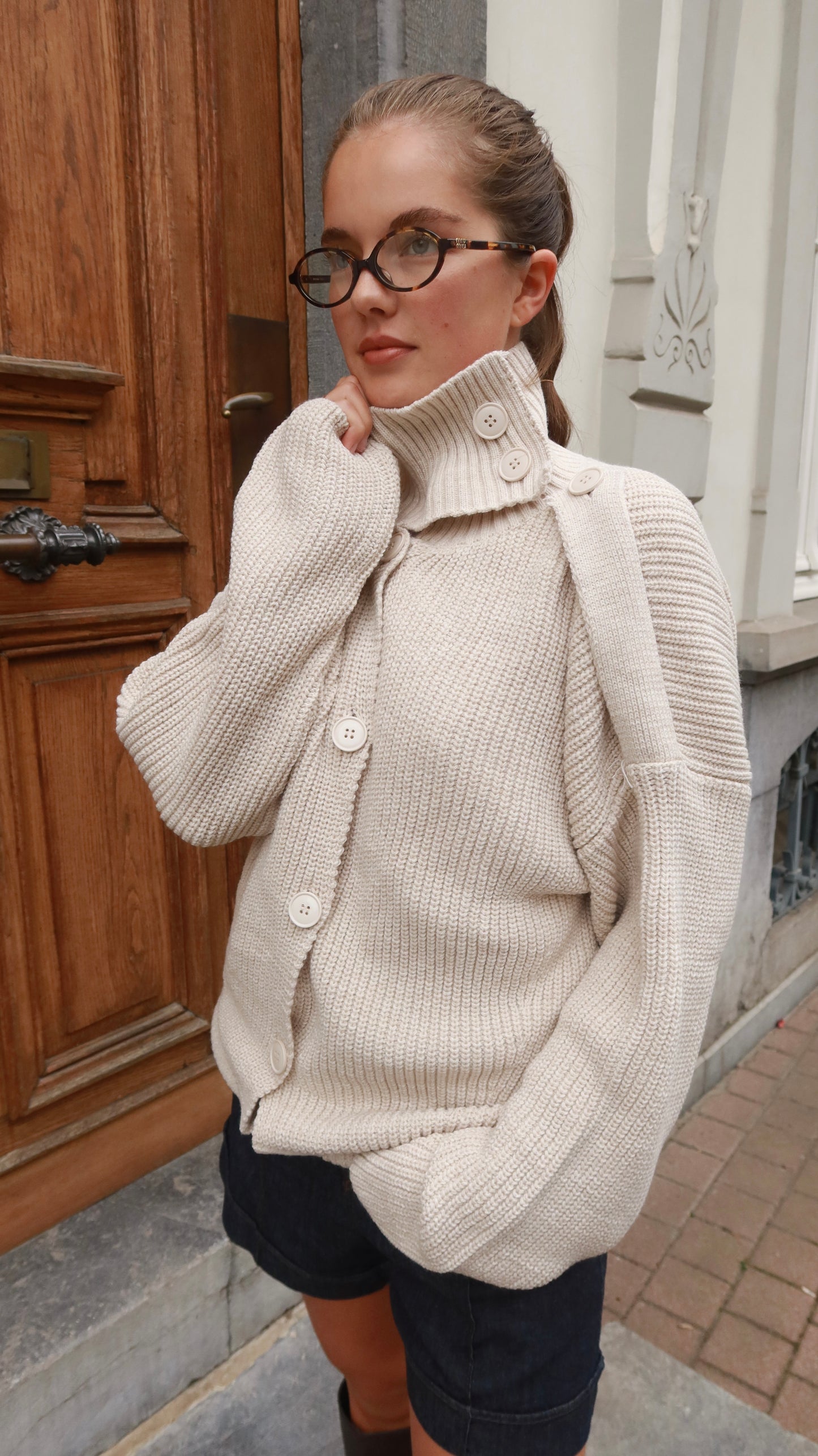 HIGH NECK KNIT CARDIGAN - SAND