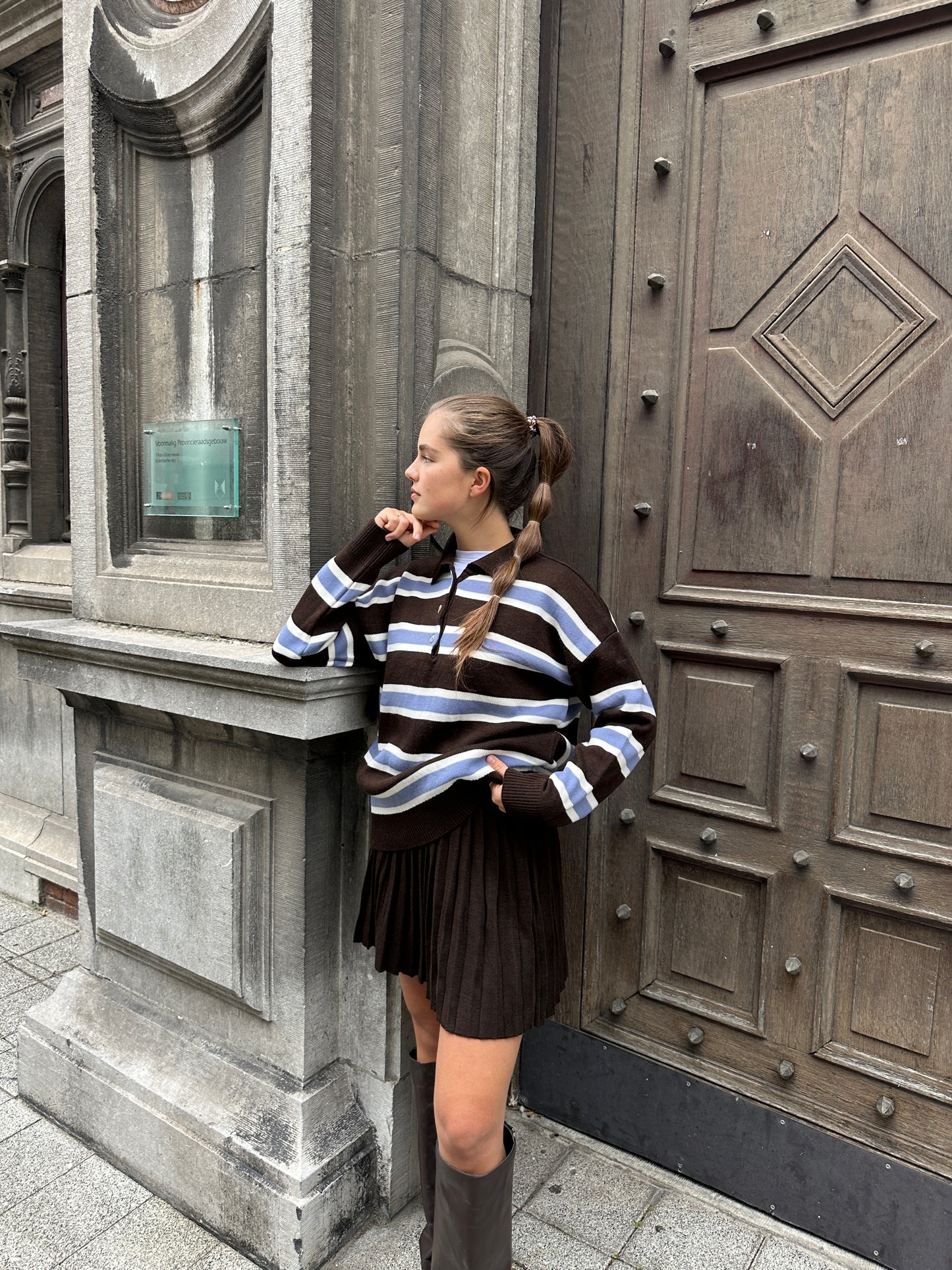 STRIPED POLO KNIT- MOCHA SKY