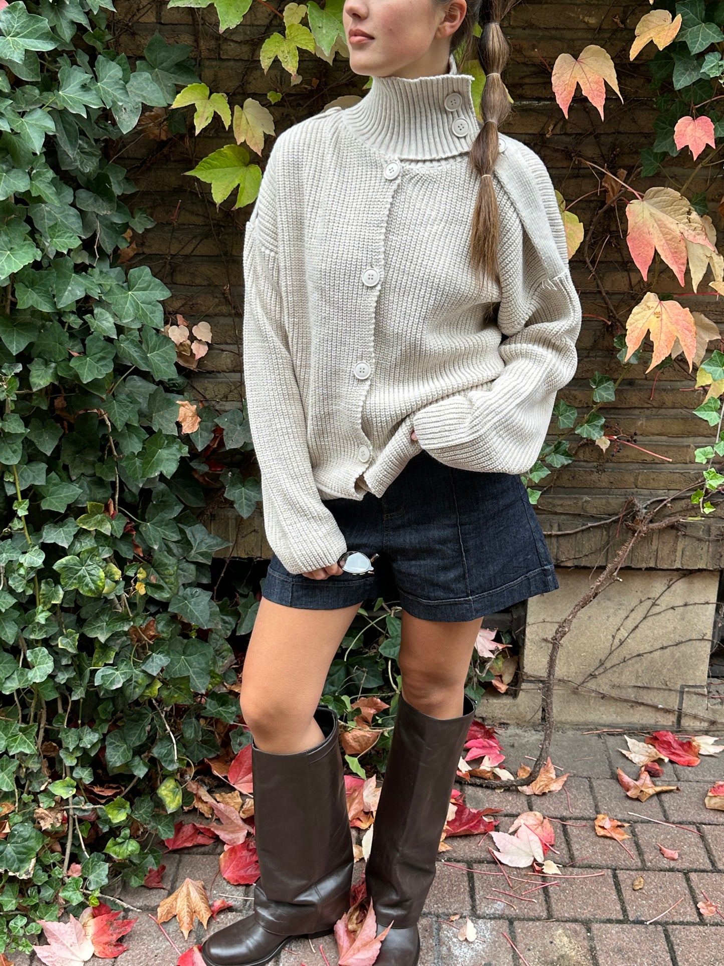 HIGH NECK KNIT CARDIGAN - SAND
