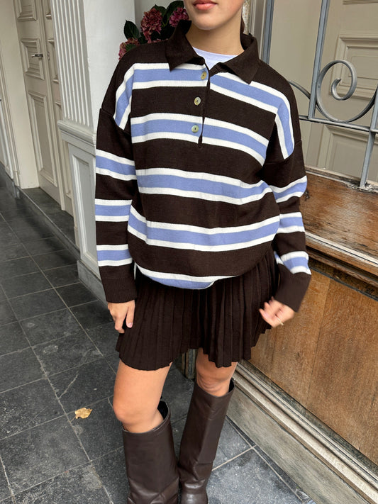 STRIPED POLO KNIT- MOCHA SKY