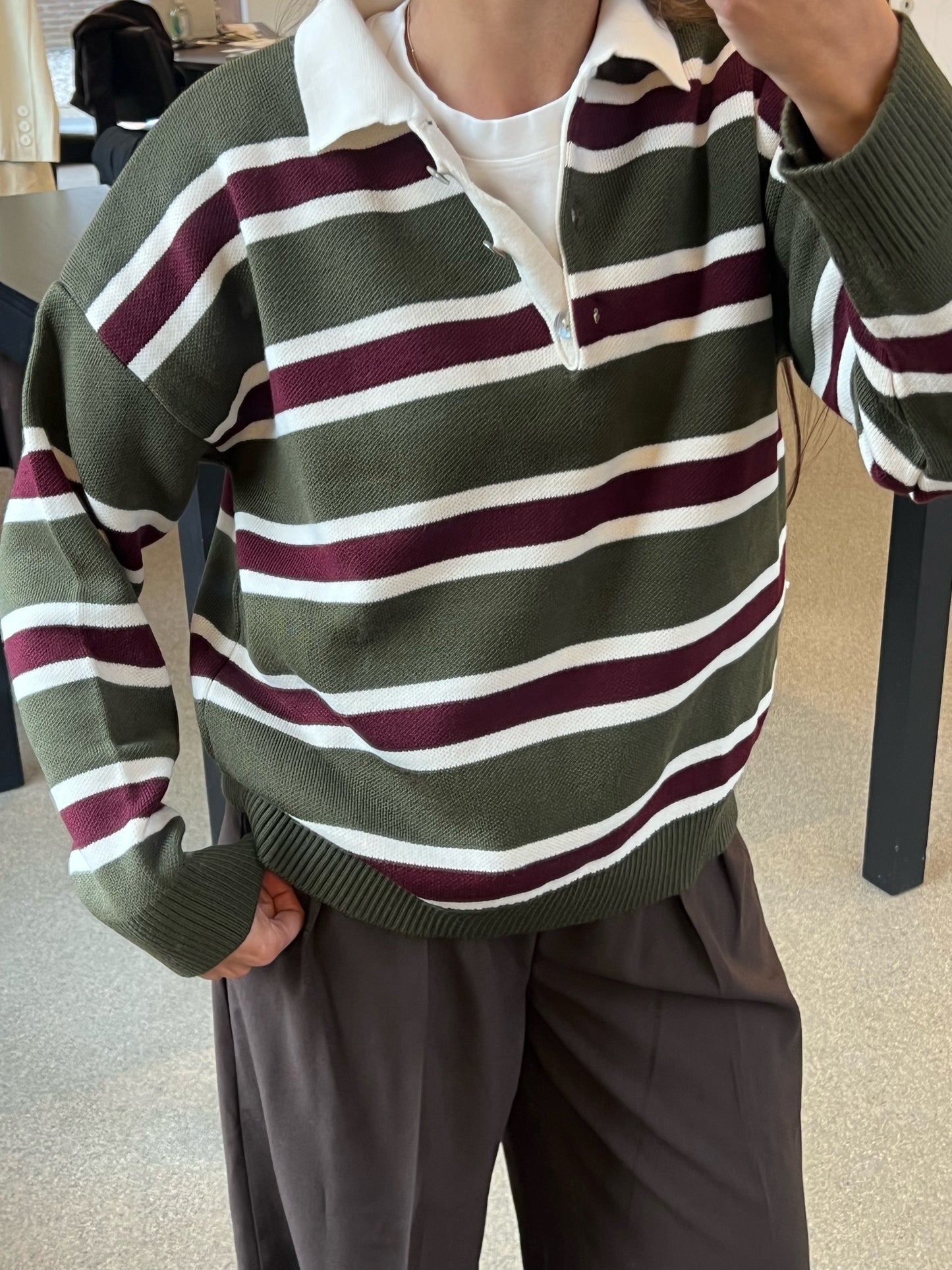 STRIPED POLO KNIT – OLIVE BURGUNDY