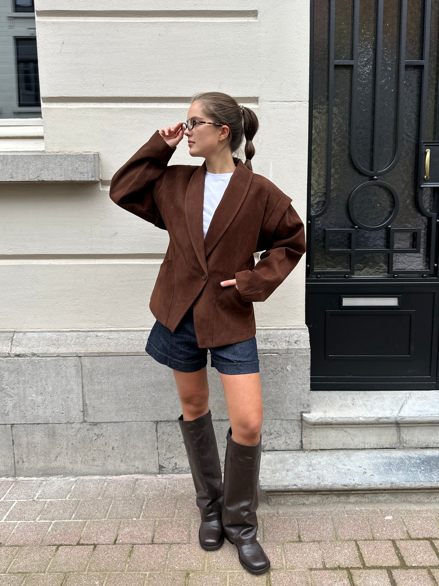 SUEDE SCULPTED BLAZER CHOCO