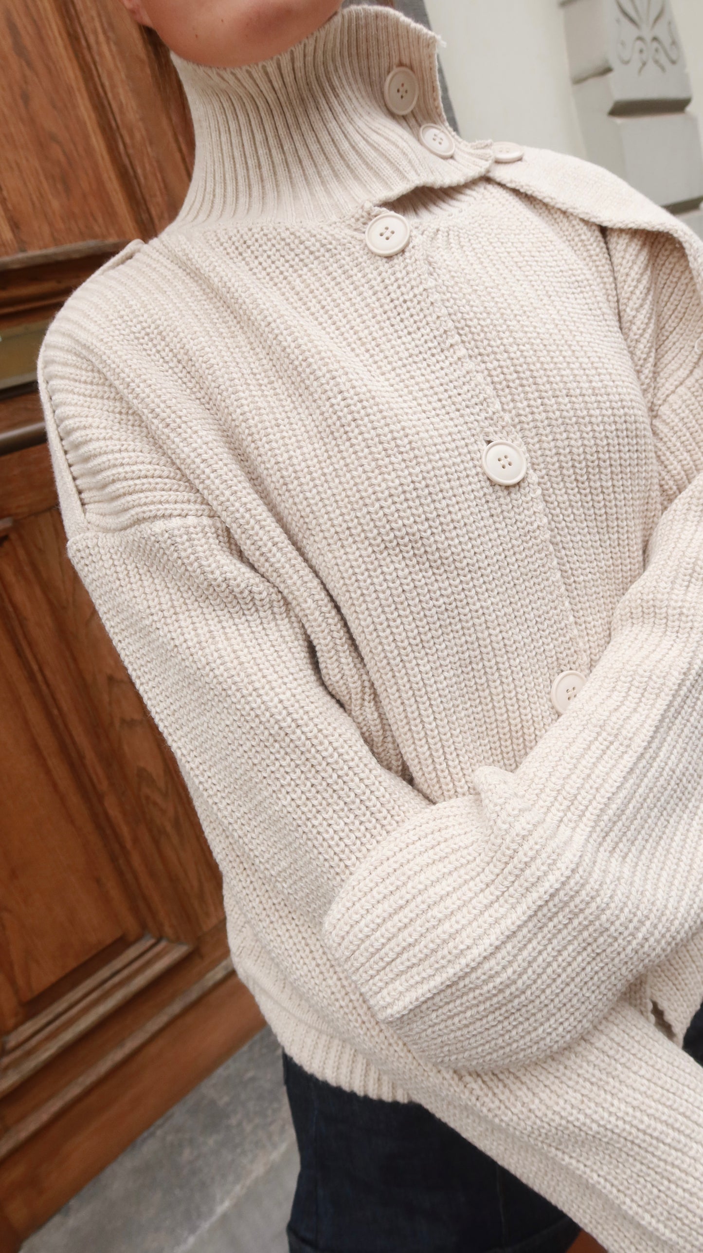 HIGH NECK KNIT CARDIGAN - SAND