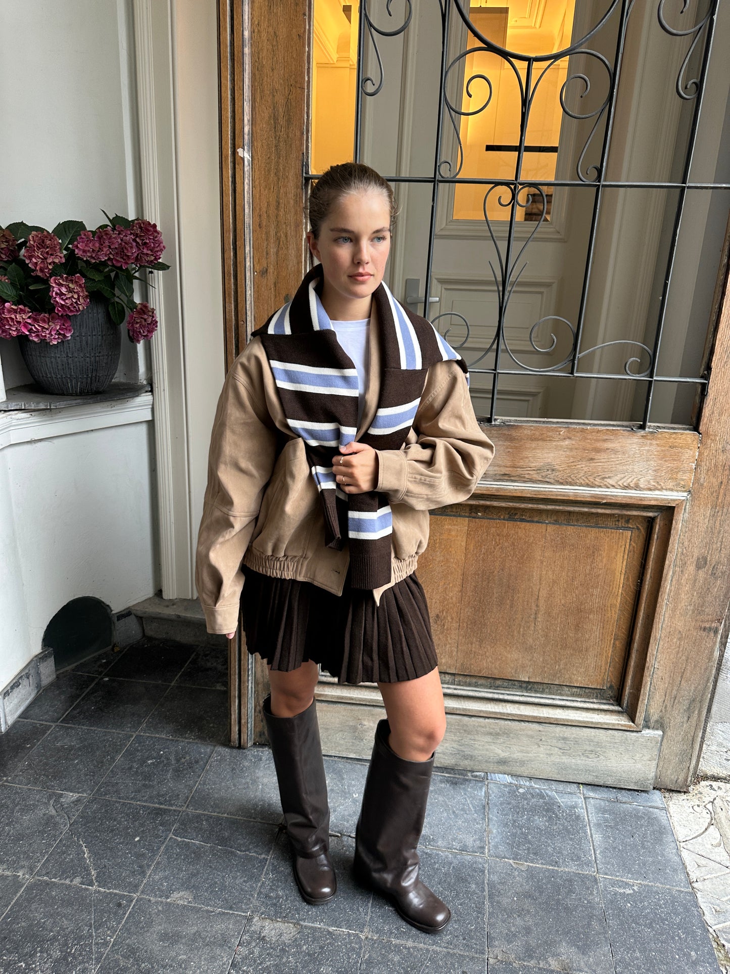 STRIPED POLO KNIT- MOCHA SKY