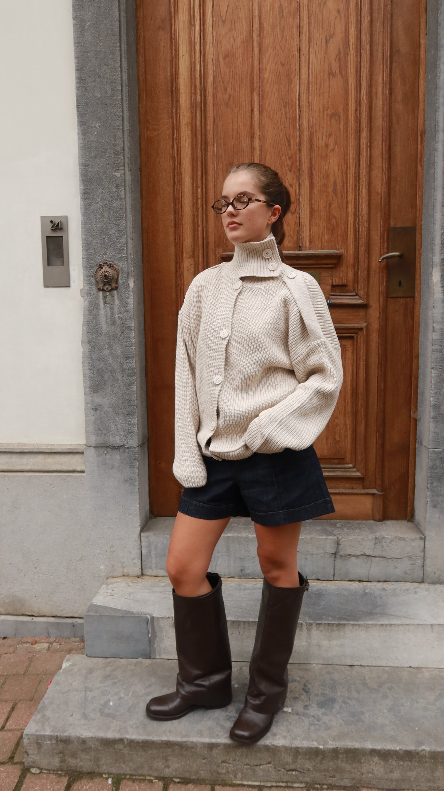HIGH NECK KNIT CARDIGAN - SAND