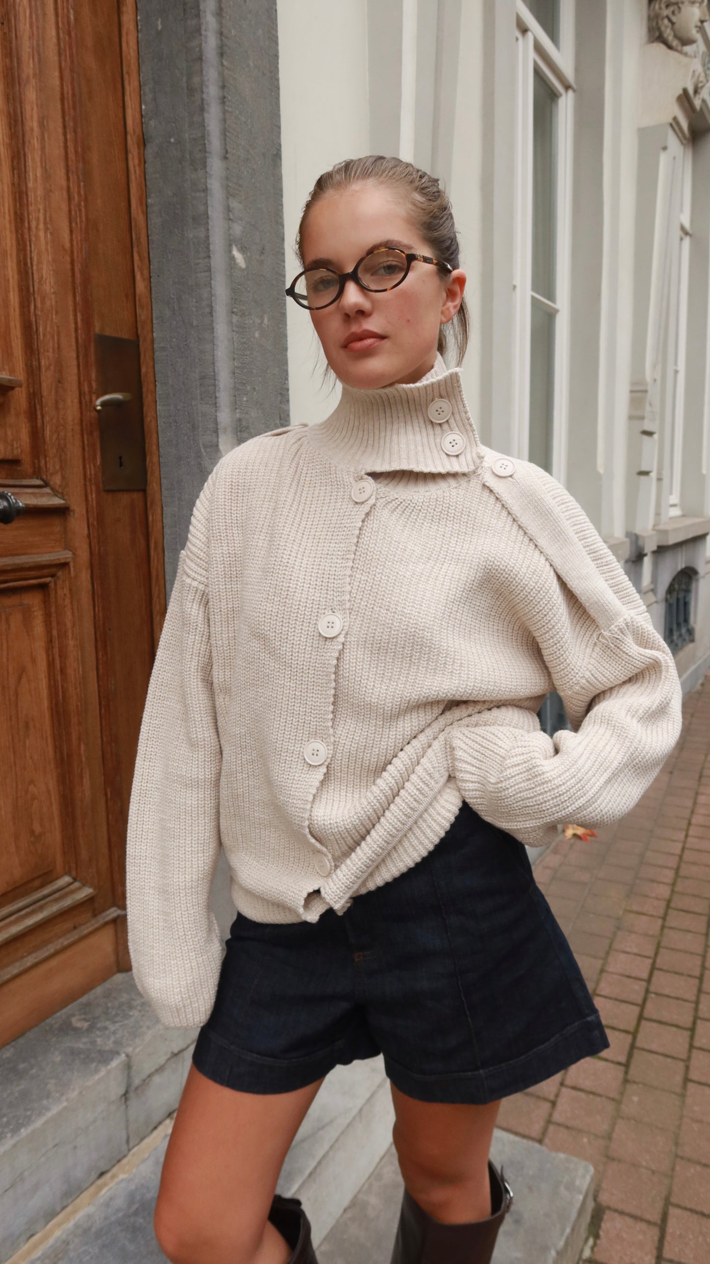 HIGH NECK KNIT CARDIGAN - SAND