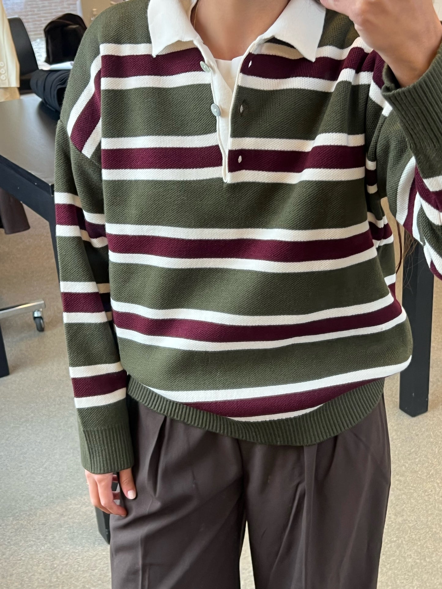 STRIPED POLO KNIT – OLIVE BURGUNDY