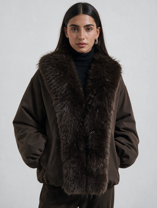 The Faux Fur Bomber Jacket – Dark Chocolate