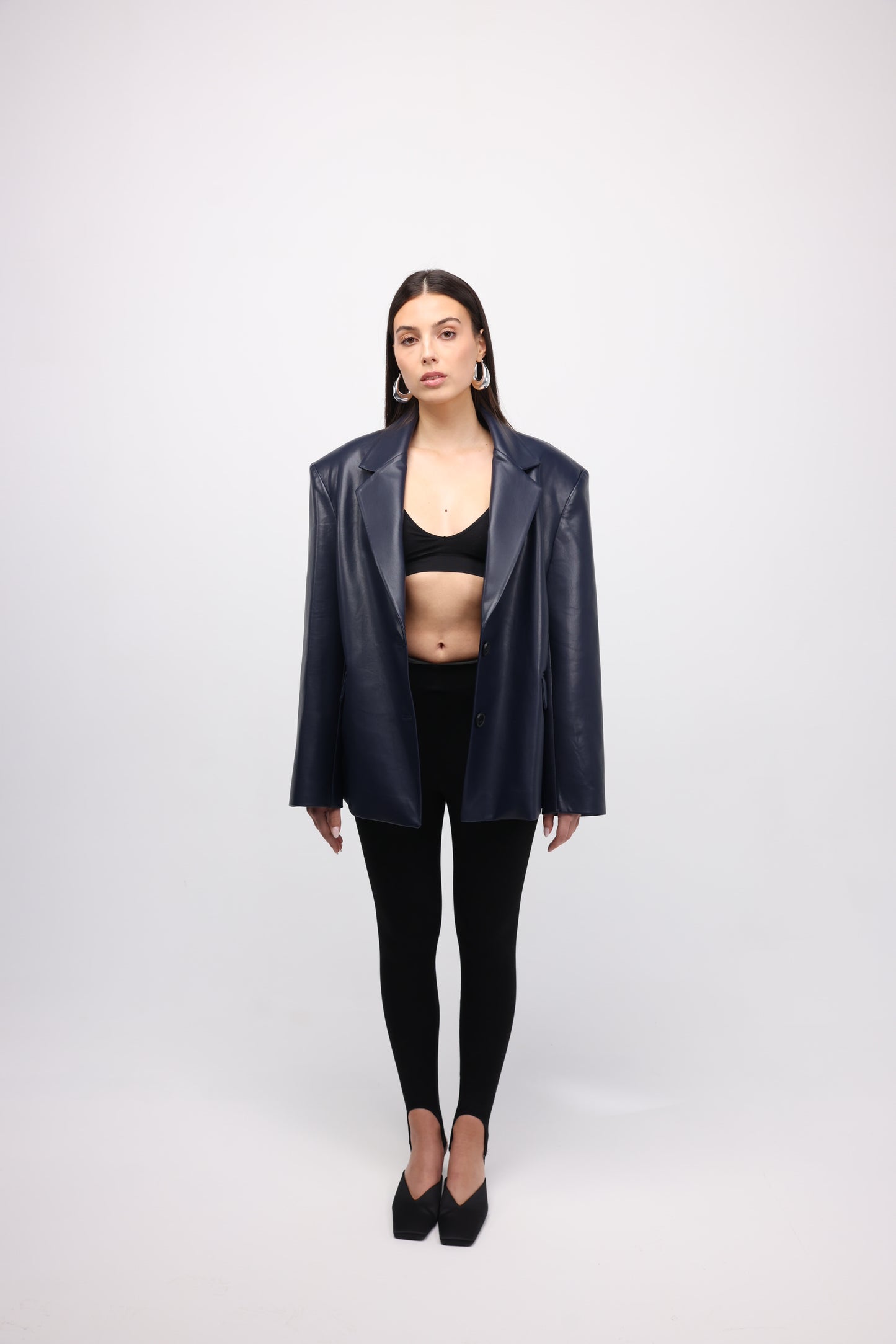 NAVY VEGAN LEATHER BLAZER