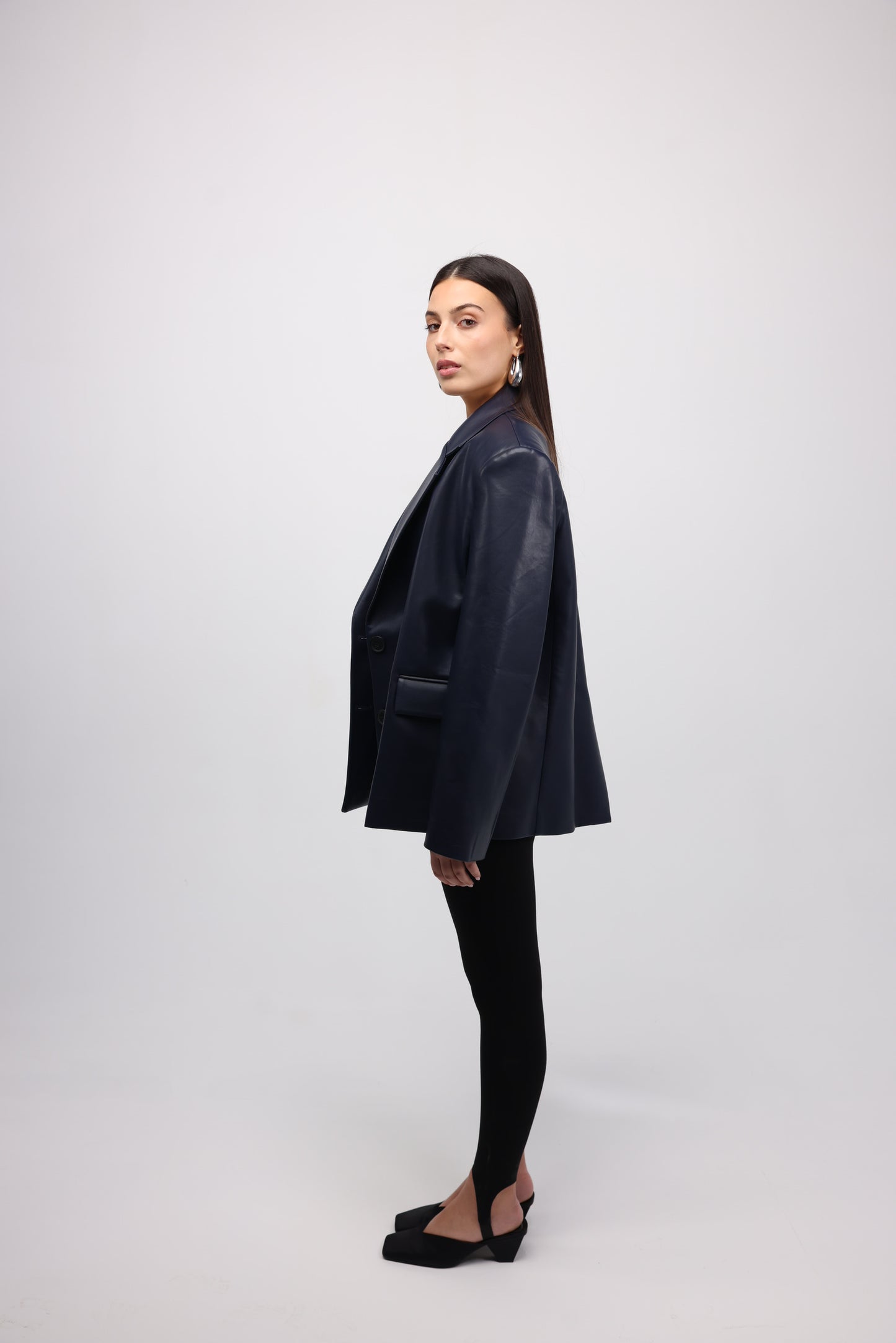 NAVY VEGAN LEATHER BLAZER