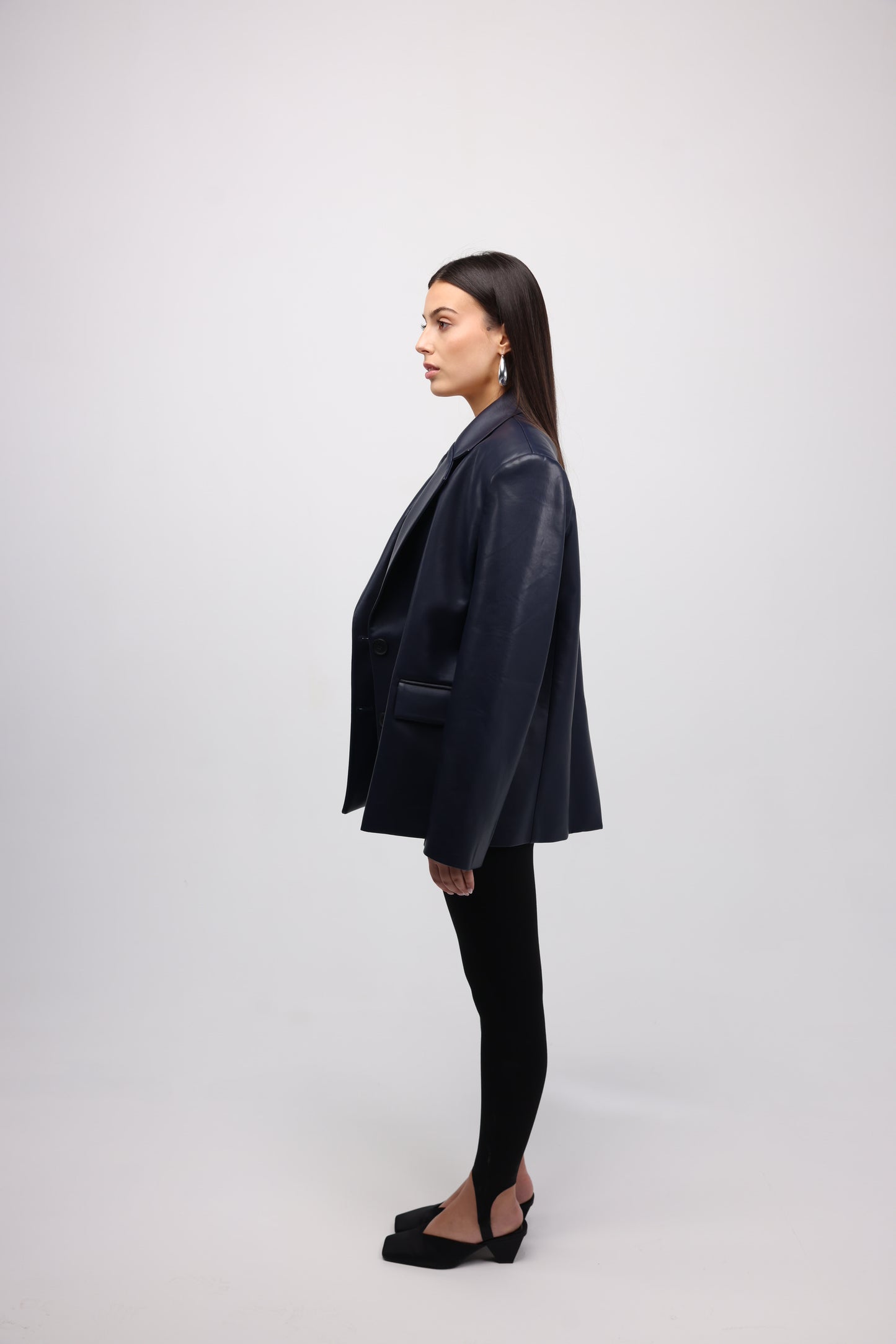NAVY VEGAN LEATHER BLAZER