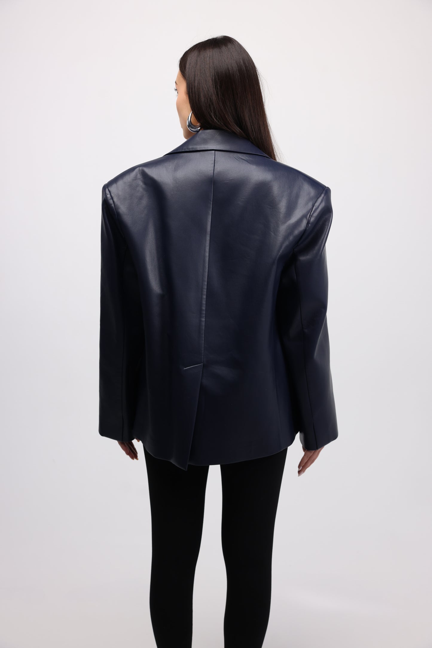 NAVY VEGAN LEATHER BLAZER