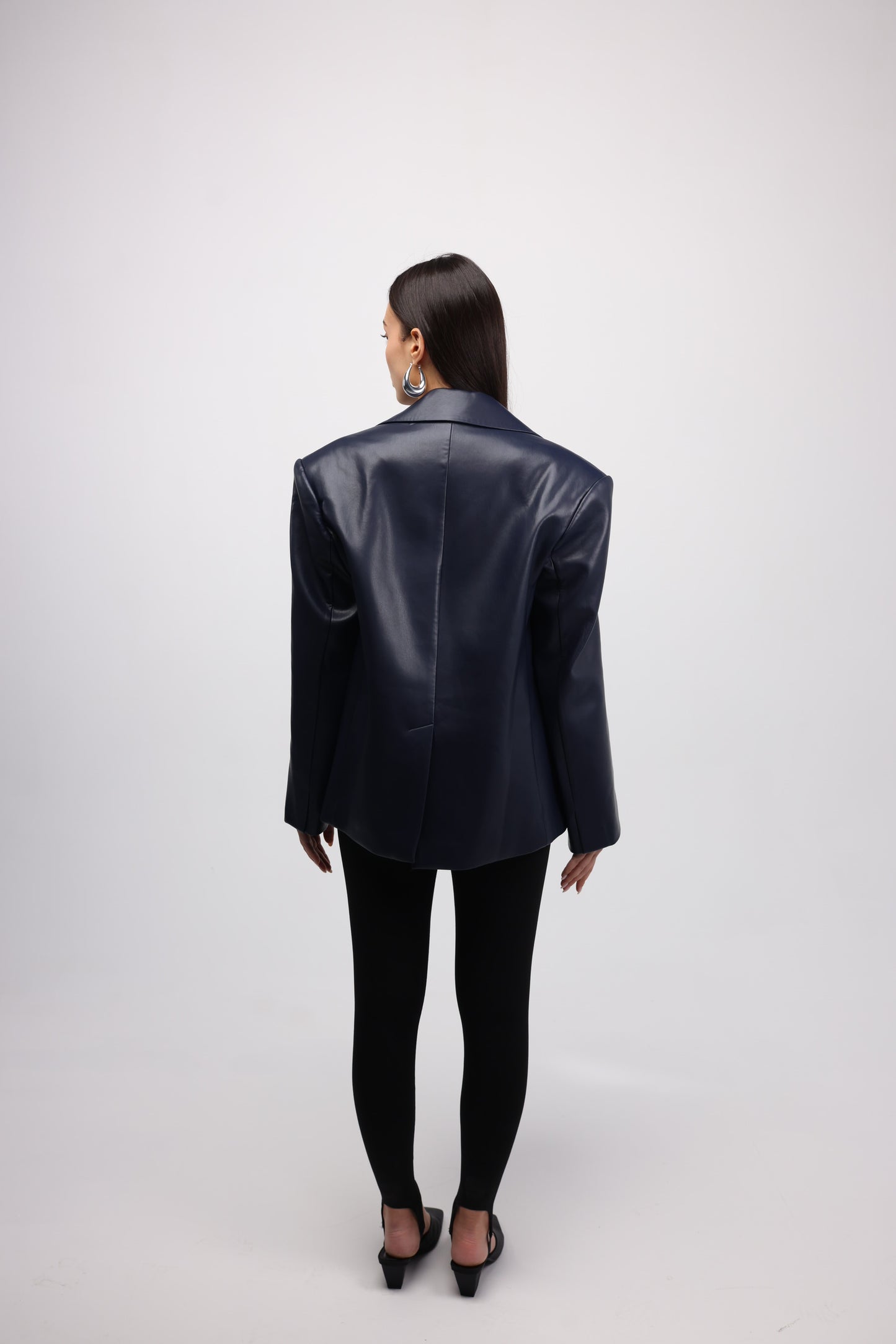 NAVY VEGAN LEATHER BLAZER