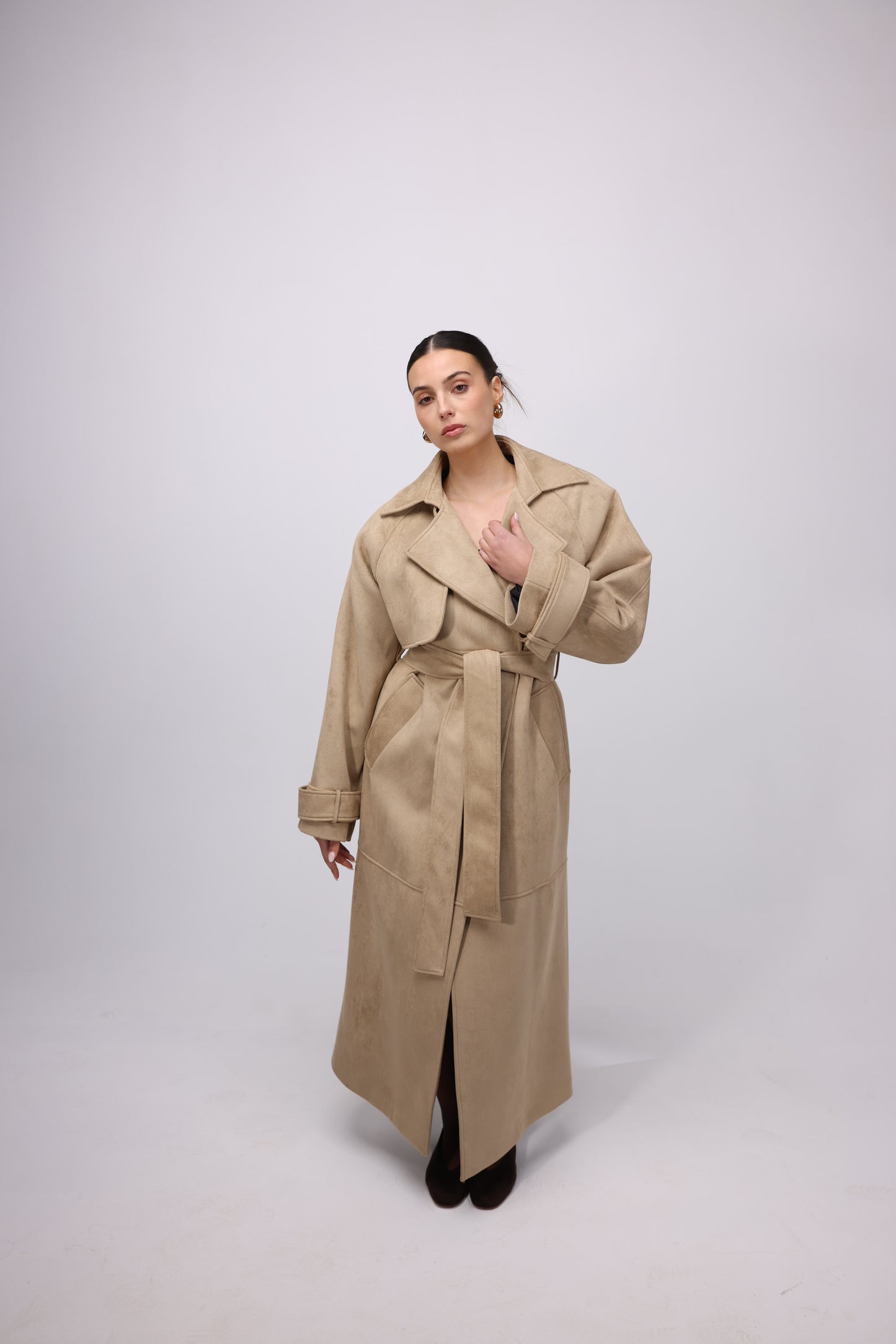 BEIGE SUEDE MAXI TRENCHCOAT