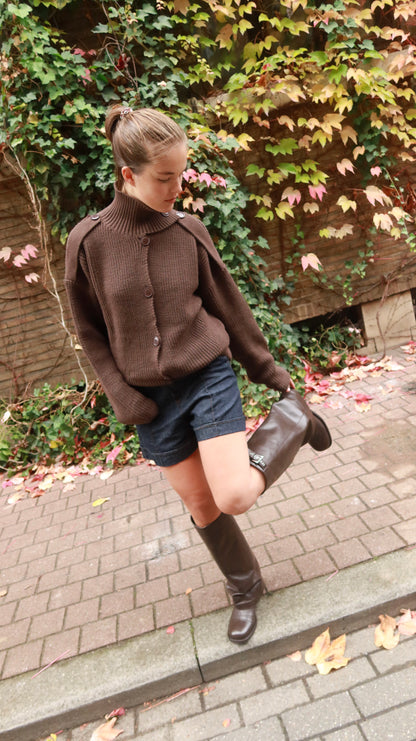 HIGH NECK KNIT CARDIGAN - BROWN