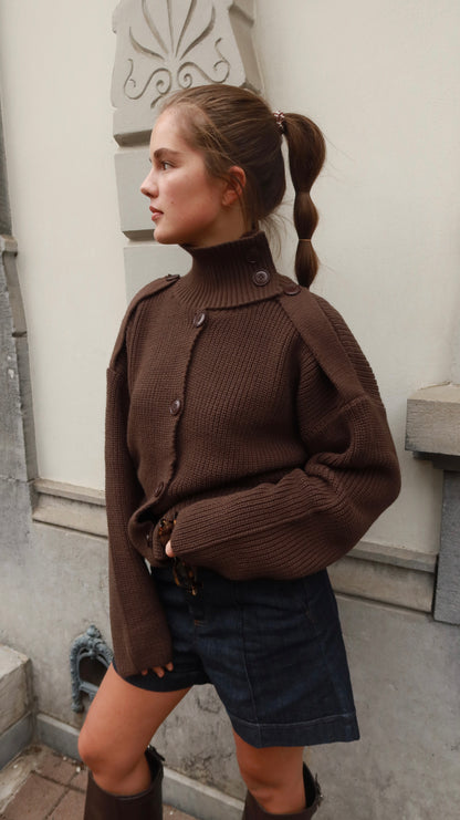 HIGH NECK KNIT CARDIGAN - BROWN