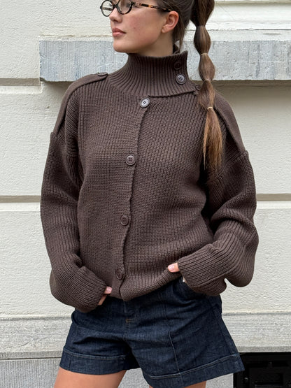 HIGH NECK KNIT CARDIGAN - BROWN