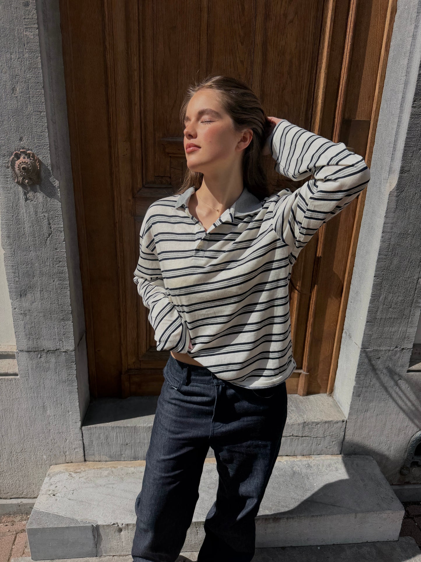 STRIPED RELAXED POLO TOP