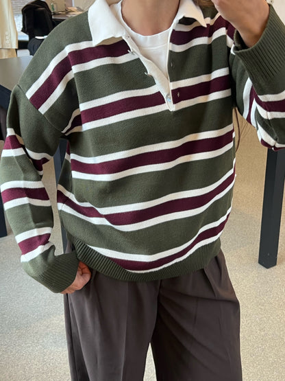 STRIPED POLO KNIT – OLIVE BURGUNDY