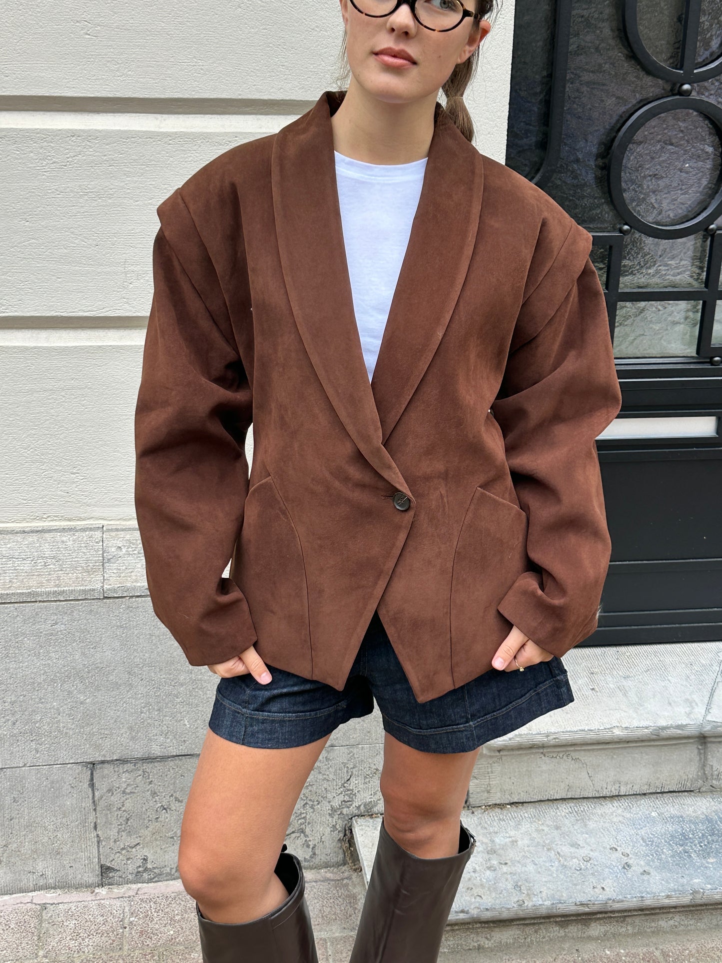 SUEDE SCULPTED BLAZER CHOCO