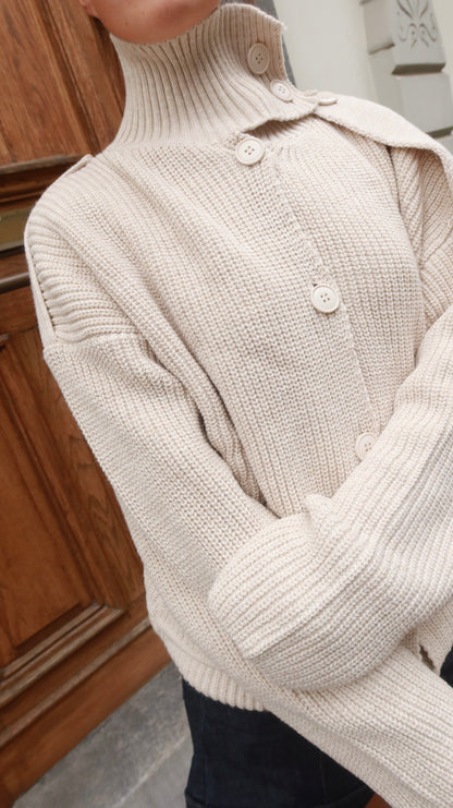 HIGH NECK KNIT CARDIGAN - SAND