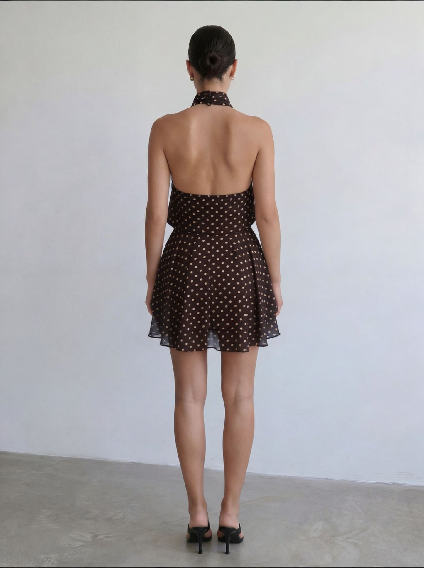 Polka Halter Mini Dress - Brown