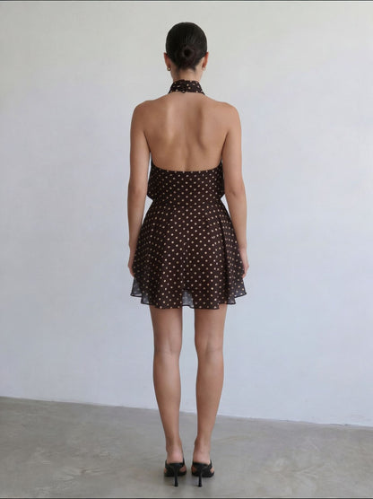 Polka Halter Mini Dress - Brown