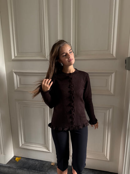 KNITTED FRILL CARDIGAN BROWN