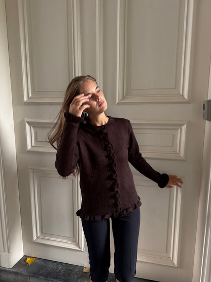 KNITTED FRILL CARDIGAN BROWN