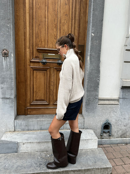HIGH NECK KNIT CARDIGAN - SAND