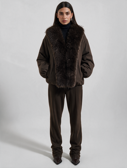 The Faux Fur Bomber Jacket – Dark Chocolate